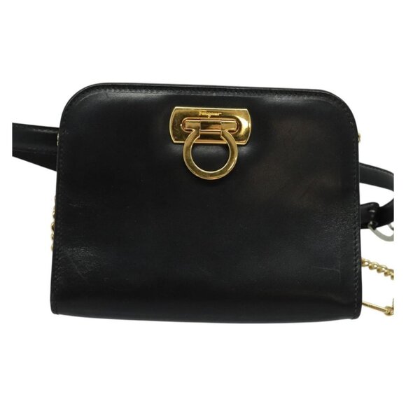 Salvatore Ferragamo Gancini Chain Bag Leather 2way Black Gold Silver Auth hk2202 - Picture 6 of 16
